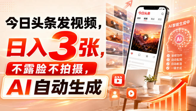 今日头条发视频，日入3张，不露脸不拍摄，AI自动生成-超级会员网