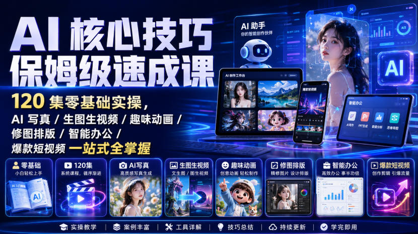 AI核心技巧保姆级速成课｜120集零基础实操，AI写真/生图生视频/趣味动画/修图排版/智能办公/爆款短视频一站式全掌握(更新)-超级会员网