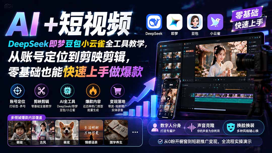 AI+短视频｜DeepSeek即梦豆包小云雀全工具教学，从账号定位到剪映剪辑，零基础也能快速上手做爆款-超级会员网