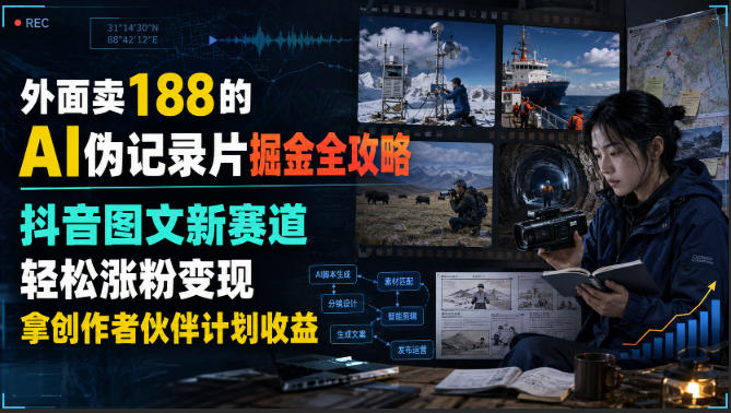 外面卖188的AI伪记录片掘金全攻略，抖音图文新赛道，轻松涨粉变现，拿创作者伙伴计划收益【文档】-超级会员网