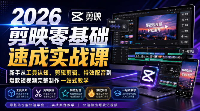 2026剪映零基础速成实战课｜新手从工具认知、剪辑剪辑、特效配音到爆款短视频完整制作一站式教学-超级会员网