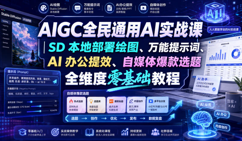 AIGC全民通用AI实战课｜SD本地部署绘图、万能提示词、AI办公提效、自媒体爆款选题全维度零基础教程-超级会员网