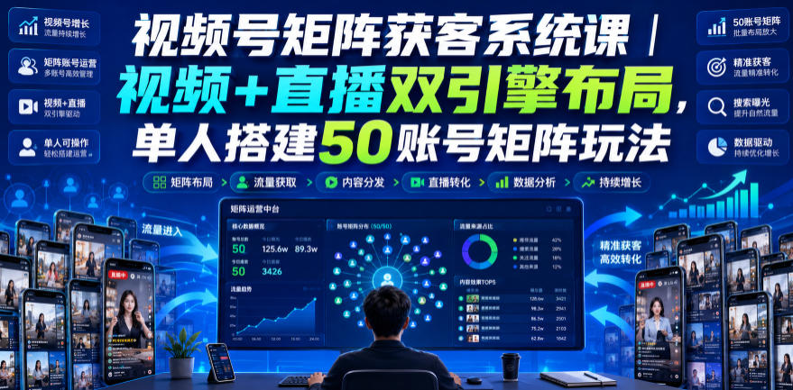 视频号矩阵获客系统课｜视频+直播双引擎布局，单人搭建50账号矩阵玩法，流量入池、搜索占位、全域引流沉淀私域全流程教学-超级会员网