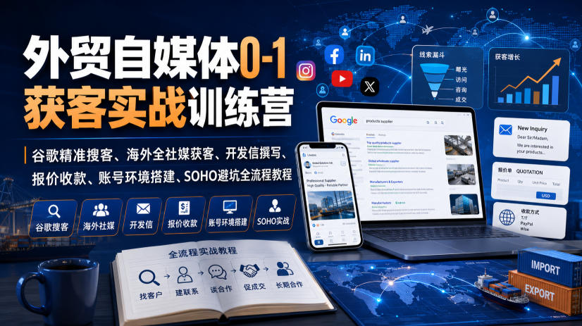 外贸自媒体0-1获客实战训练营|谷歌精准搜客、海外全社媒获客、开发信撰写、报价收款、账号环境搭建、SOHO避坑全流程教程(更新)-超级会员网