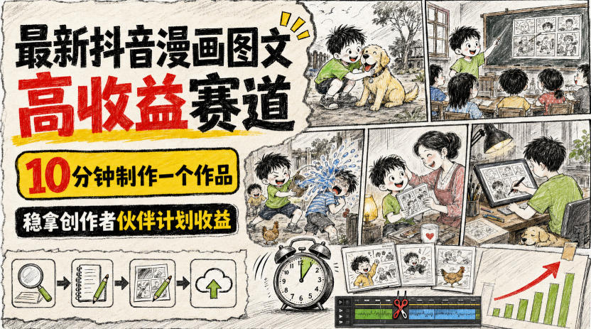 最新抖音漫画图文高收益赛道，10分钟制作一个作品，稳拿创作者伙伴计划收益-超级会员网