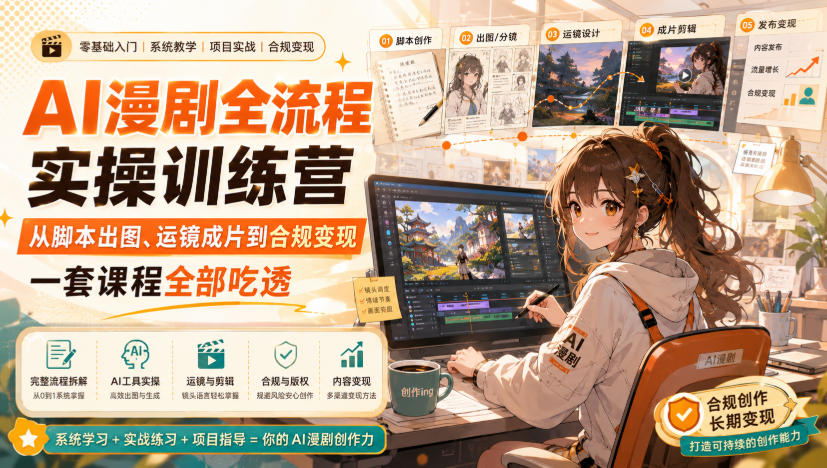 AI漫剧全流程实操训练营，从脚本出图、运镜成片到合规变现，一套课程全部吃透-超级会员网