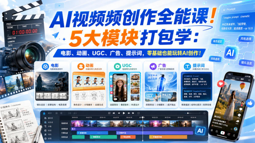AI视频频创作全能课！5大模块打包学：电影、动画、UGC、广告、提示词，零基础也能玩转AI创作！【原创双语字幕】-超级会员网