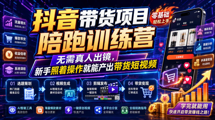抖音带货项目陪跑训练营，无需真人出镜，新手照着操作就能产出带货短视频(更新0811)-超级会员网