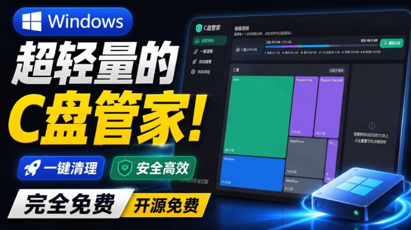 Windows超轻量的C盘管家！超级有特点，支持磁盘分析及清理提醒，2M大小体积，完全免费C盘管家-超级会员网