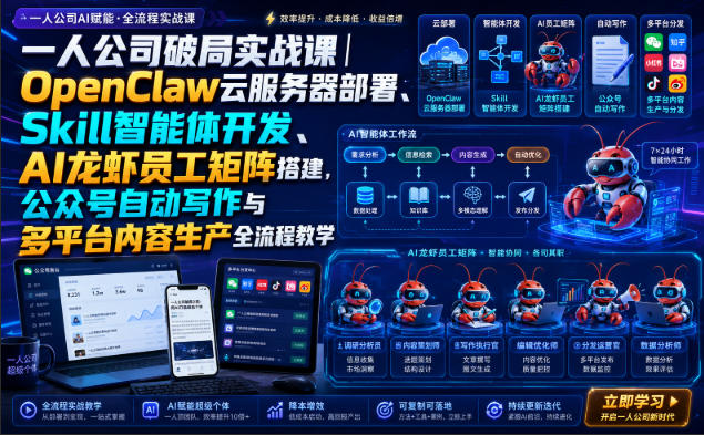 一人公司破局实战课｜OpenClaw云服务器部署、Skill智能体开发、AI龙虾员工矩阵搭建，公众号自动写作与多平台内容生产全流程教学-超级会员网
