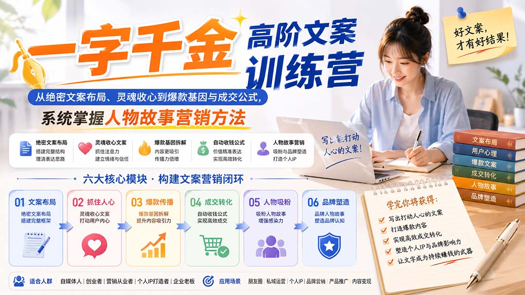 一字千金高阶文案训练营：从绝密文案布局、灵魂收心到爆款基因与成交公式，系统掌握人物故事营销方法-超级会员网