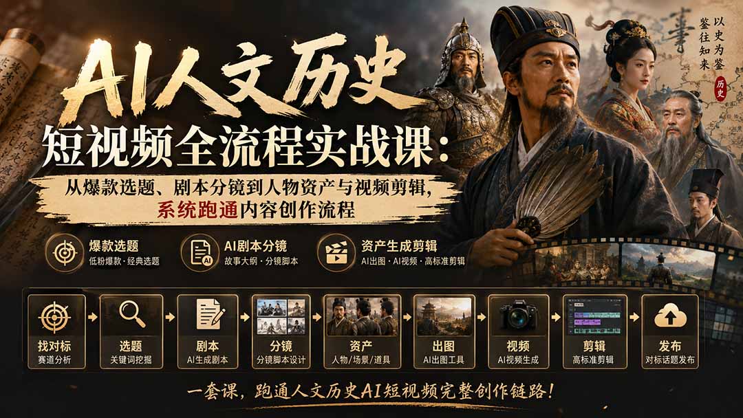 AI人文历史短视频全流程实战课：从爆款选题、剧本分镜到人物资产与视频剪辑，系统跑通内容创作流程-超级会员网