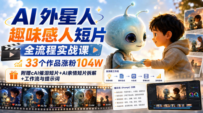 AI外星人趣味感人短片全流程实战课，33个作品涨粉104W，附赠AI催泪短片+AI亲情短片拆解+工作流与提示词-超级会员网