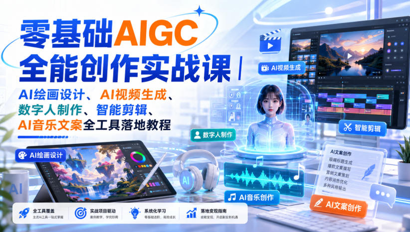 零基础AIGC全能创作实战课｜AI绘画设计、AI视频生成、数字人制作、智能剪辑、AI音乐文案全工具落地教程-超级会员网