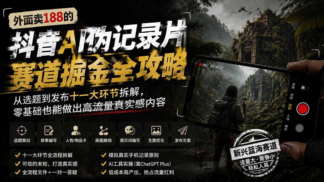 外面卖188的抖音AI伪记录片赛道掘金全攻略；从选题到发布十一大环节拆解，零基础也能做出高流量真实感内容-超级会员网