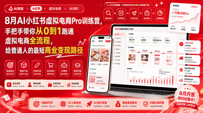 8月AI小红书虚拟电商Pro训练营，手把手带你从0到1跑通虚拟电商全流程，给普通人的最短商业变现路径-超级会员网