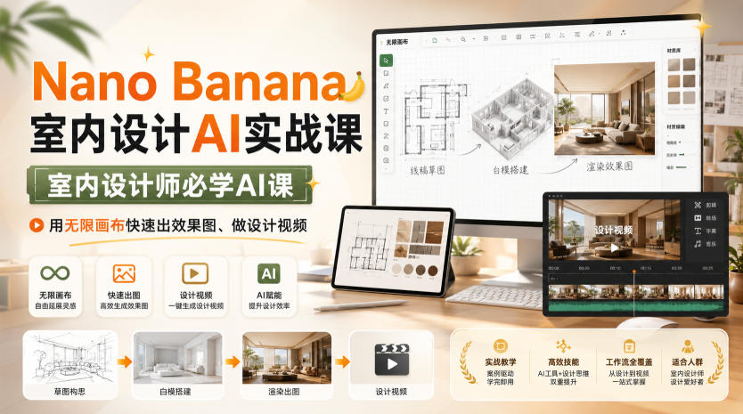 Nano Banana室内设计AI实战课，室内设计师必学AI课，用无限画布快速出效果图、做设计视频-超级会员网