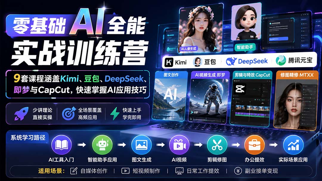 零基础AI全能实战训练营：9套课程涵盖Kimi、豆包、DeepSeek、即梦与CapCut，快速掌握AI应用技巧-超级会员网
