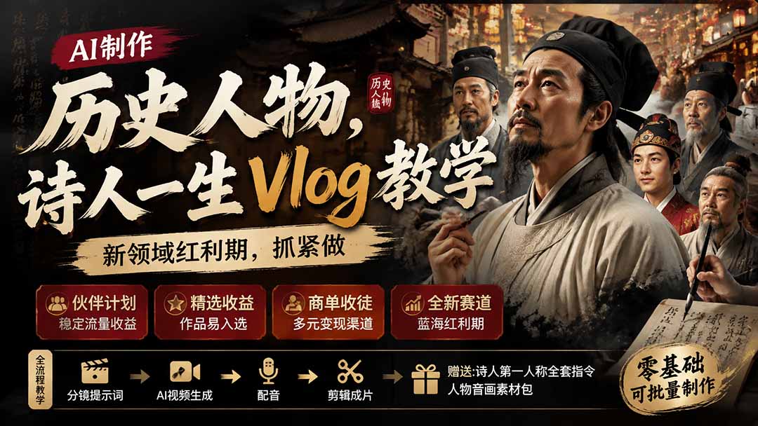 历史人物，诗人一生Vlog教学， AI制作丨伙伴计划丨精选收益丨商单收徒 ，新领域红利期，抓紧做-超级会员网