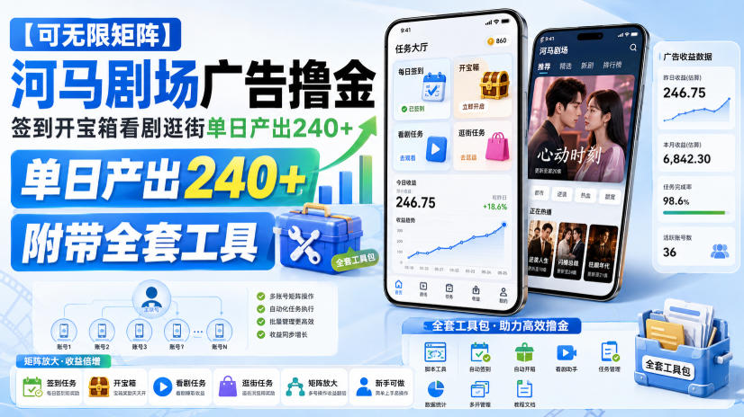 【可无限矩阵】河马剧场广告撸金，签到开宝箱看剧逛街单日产出240+，附带全套工具【揭秘】-超级会员网