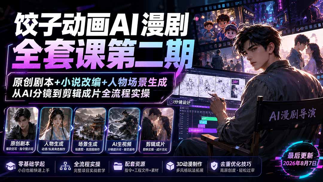 饺子动画AI漫剧全套课第二期：原创剧本+小说改编+人物场景生成，从AI分镜到剪辑成片全流程实操-超级会员网