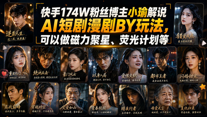 快手174W粉丝博主小瑜解说AI短剧漫剧搬运玩法，可以做磁力聚星、荧光计划等-超级会员网