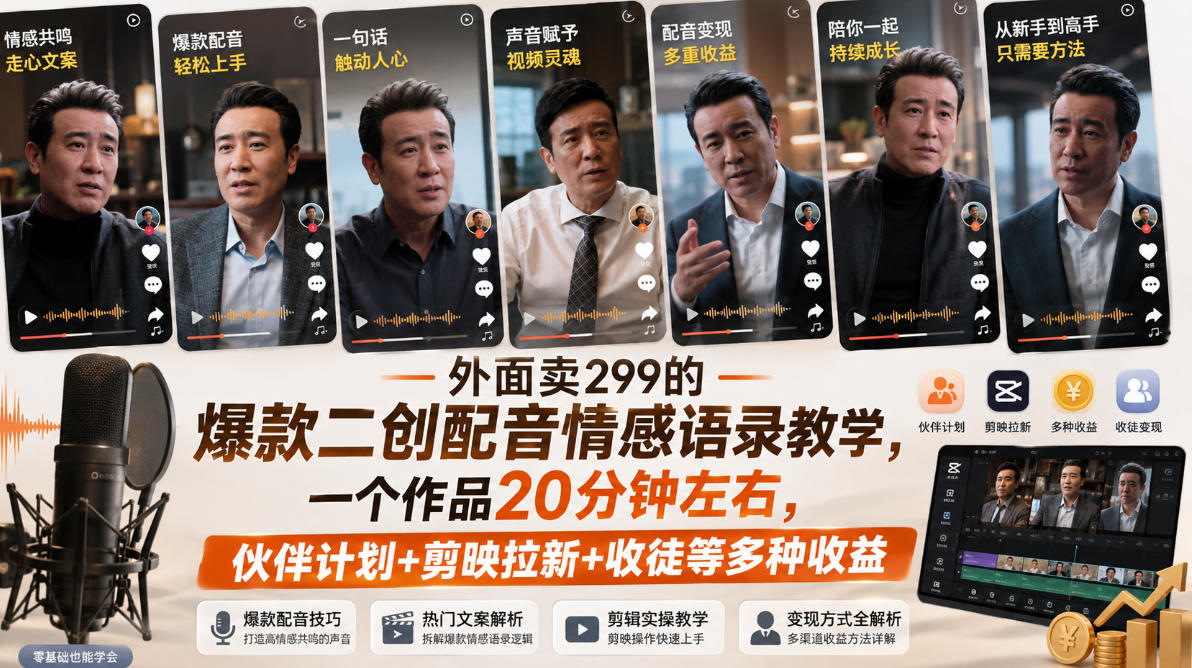 外面卖299的爆款二创配音情感语录教学，一个作品20分钟左右，伙伴计划+剪映拉新+收徒等多种收益-超级会员网