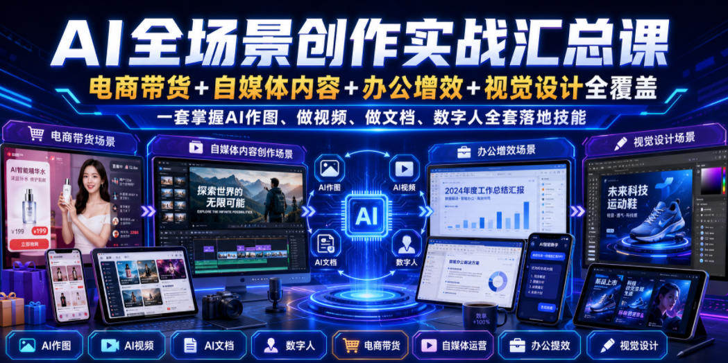 AI全场景创作实战汇总课｜电商带货+自媒体内容+办公增效+视觉设计全覆盖，一套掌握AI作图、做视频、做文档、数字人全套落地技能-超级会员网