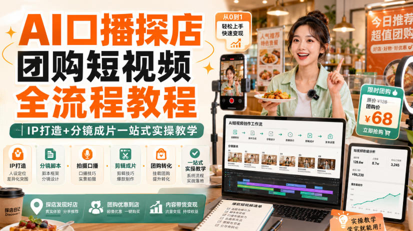 AI口播探店团购短视频全流程教程｜IP打造+分镜成片一站式实操教学-超级会员网