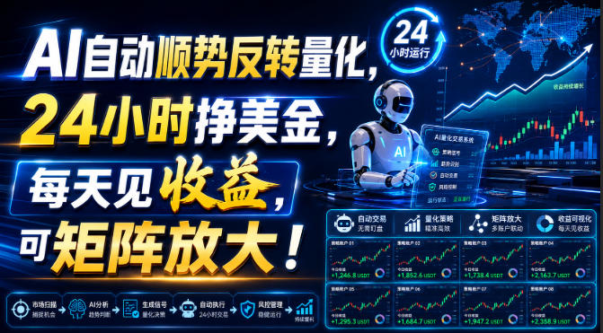 AI自动顺势反转量化，24小时挣美金，每天见收益，可矩阵放大！【揭秘】-超级会员网