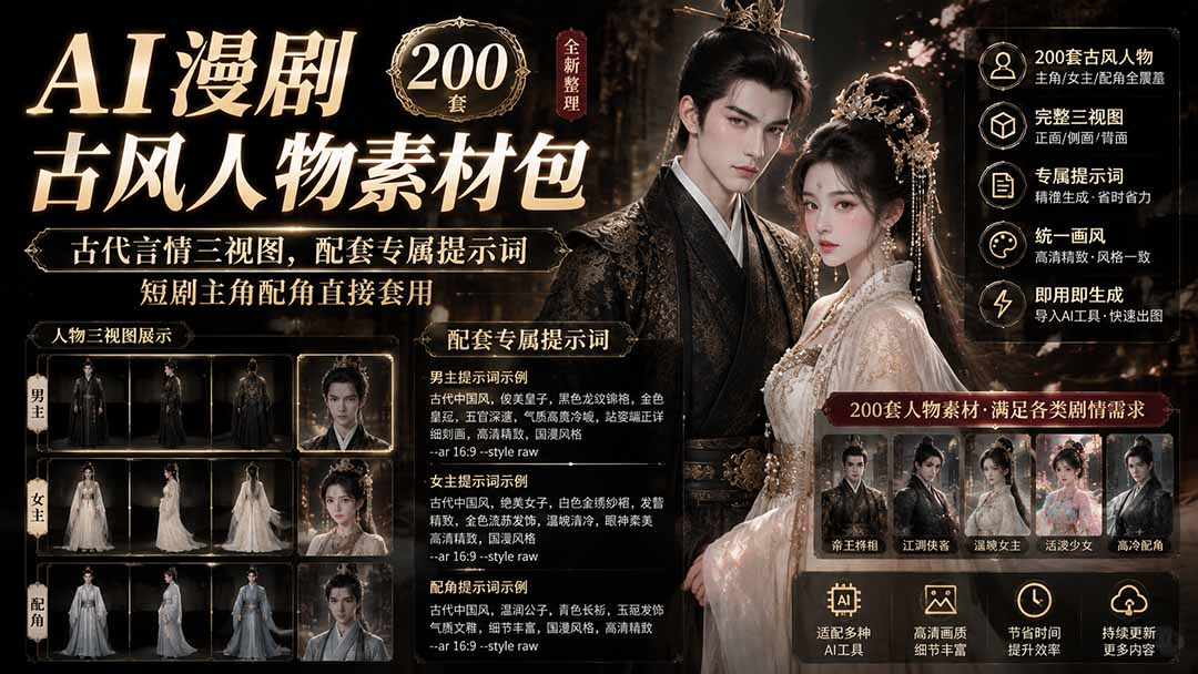 AI漫剧古风人物素材包+提示词｜200 套古代言情三视图，配套专属提示词短剧主角配角直接套用-超级会员网