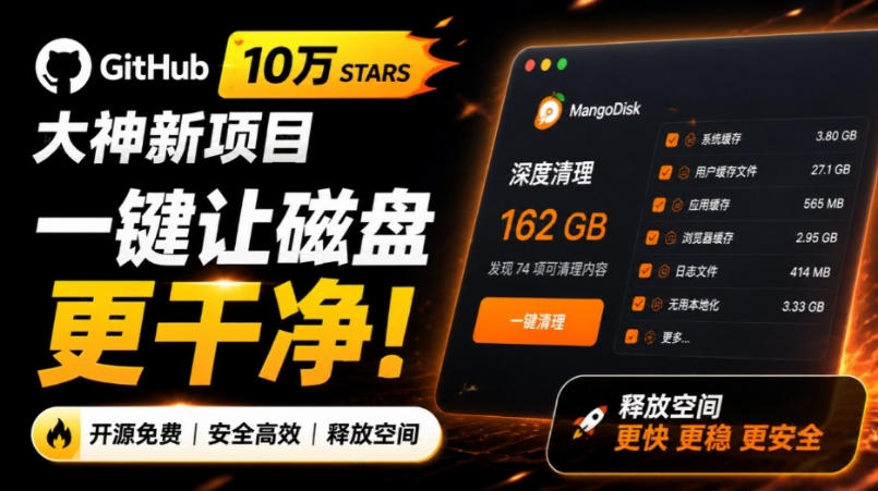 在Gtihub上做出10万stars的大神，又发布新项目了！一键让磁盘更干净，开源免费清理工具MangoDisk-超级会员网