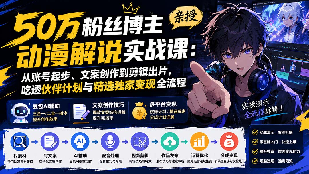 50万粉丝博主亲授动漫解说实战课：从账号起步、文案创作到剪辑出片，吃透伙伴计划与精选独家变现全流程-超级会员网