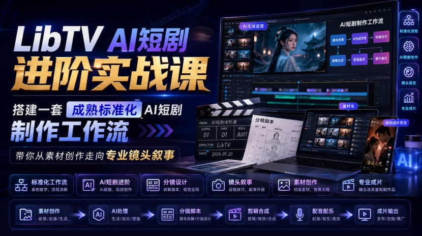 LibTV AI短剧进阶实战课，搭建一套成熟标准化AI短剧制作工作流，带你从素材创作走向专业镜头叙事-超级会员网