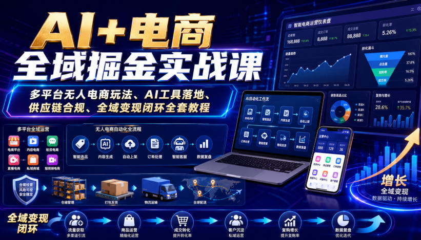 AI+电商全域掘金实战课｜多平台无人电商玩法、AI工具落地、供应链合规、全域变现闭环全套教程-超级会员网