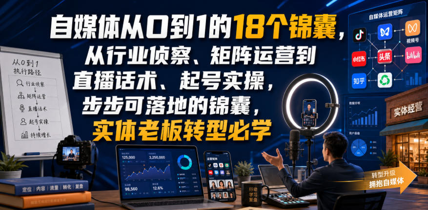 自媒体从0到1的18个锦囊，从行业侦察、矩阵运营到直播话术、起号实操，步步可落地的锦囊，实体老板转型必学-超级会员网