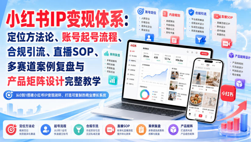 小红书IP变现体系：定位方法论、账号起号流程、合规引流、直播SOP、多赛道案例复盘与产品矩阵设计完整教学-超级会员网