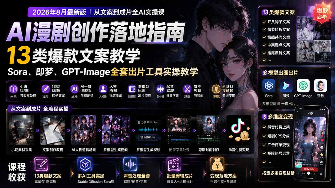 AI漫剧创作落地指南｜13类爆款文案教学，Sora、即梦、GPT-Image全套出片工具实操教学-超级会员网