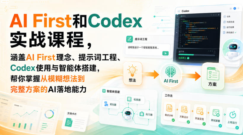 AI First和Codex实战课，涵盖AI First理念、提示词工程、Codex使用与智能体搭建，掌握从模糊想法到完整方案的AI落地能力-超级会员网