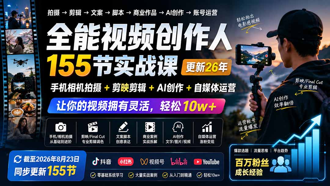 全能视频创作人155节实战课-更新26年8月：手机相机拍摄+剪映剪辑+AI创作+自媒体运营，让你的视频拥有灵活，轻松10w-超级会员网
