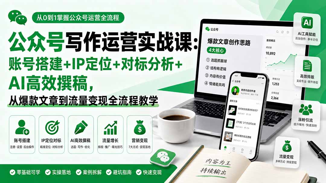 公众号写作运营实战课：账号搭建+IP定位+对标分析+AI高效撰稿，从爆款文章到流量变现全流程教学-超级会员网