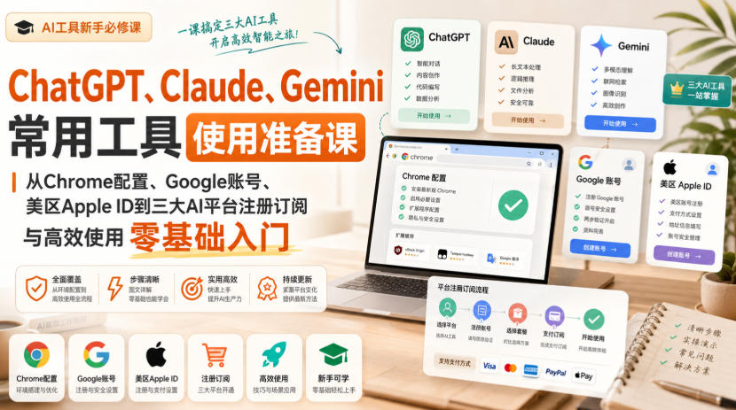 ChatGPT、Claude、Gemini常用工具使用准备课｜从Chrome配置、Google账号、美区Apple ID到三大AI平台注册订阅与高效使用零基础入门-超级会员网
