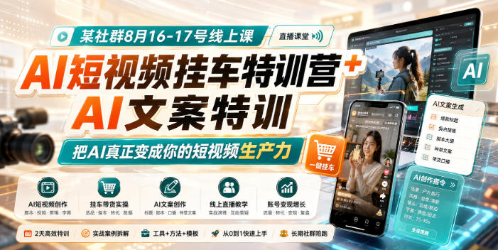 某社群8月16-17号线上课，AI短视频挂车特训营+AI文案特训，把AI真正变成你的短视频生产力-超级会员网