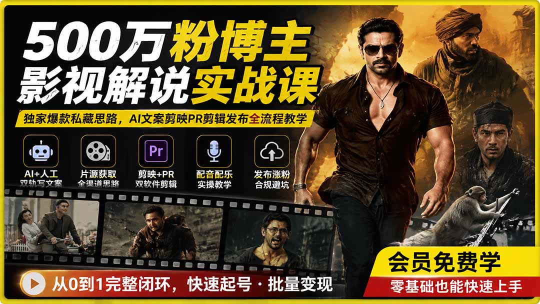 500万粉博主影视解说实战课｜独家爆款私藏思路，AI文案剪映PR剪辑发布全流程教学-超级会员网