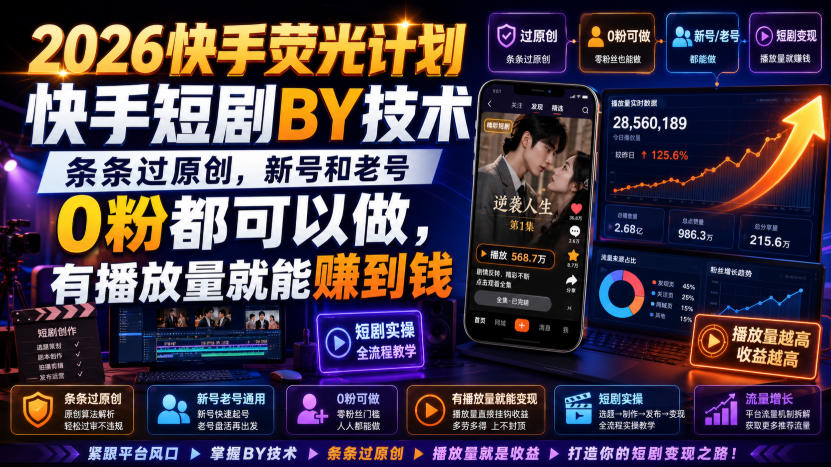 2026快手荧光计划，快手短剧搬运技术，条条过原创，新号和老号0粉都可以做，有播放量就能賺到钱-超级会员网