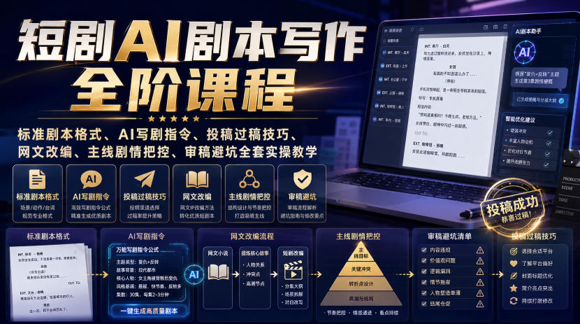 短剧AI剧本写作全阶课程｜标准剧本格式、AI写剧指令、投稿过稿技巧、网文改编、主线剧情把控、审稿避坑全套实操教学-超级会员网