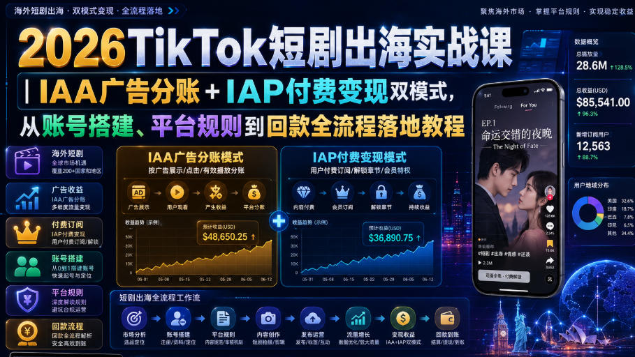2026TikTok短剧出海实战课｜IAA广告分账+IAP付费变现双模式，从账号搭建、平台规则到回款全流程落地教程-超级会员网