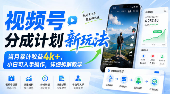视频号分成计划新玩法，当月累计收益4k+，小白可入手操作，详细拆解教学-超级会员网