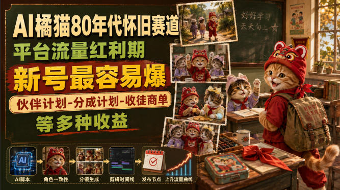 AI橘猫80年代怀旧赛道，平台流量红利期，新号最容易爆，伙伴计划-分成计划-收徒商单等多种收益-超级会员网