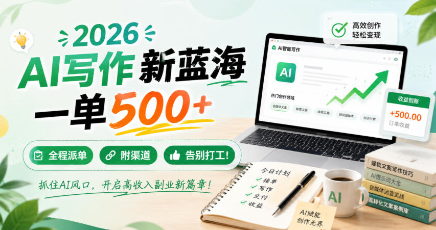 2026 AI写作新蓝海，一单500+，全程派单，附渠道，告别打工！【揭秘】-超级会员网